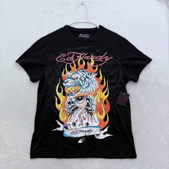 Ed Hardy Other - Ed Hardy T Shirt Mens M Black Flame Tiger Eye Ball Tattoo Y2K